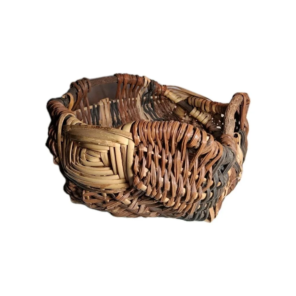 Rustic Hand Woven Gathering Basket‎ Natural Branch Handles Multi Tonal Brown Tan